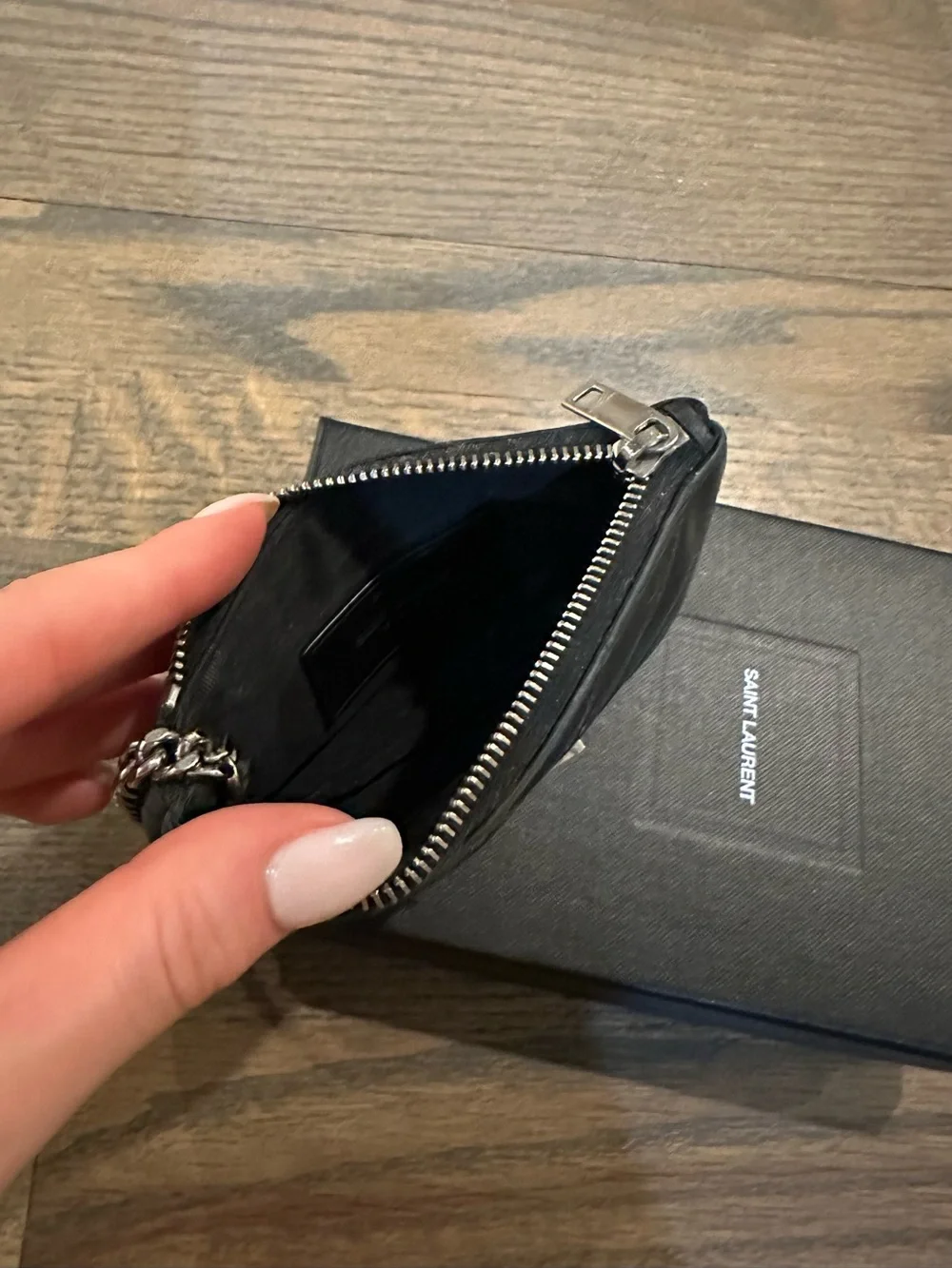 Saint Laurent Black Quilted Leather Key Pouch with Silver YSL Chain